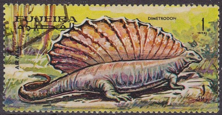 FUJEIRA 1968 Michel 257 Sello Animales Prehistoricos Dimetrodon Correo Aereo con matasellos de favor preobliterado 